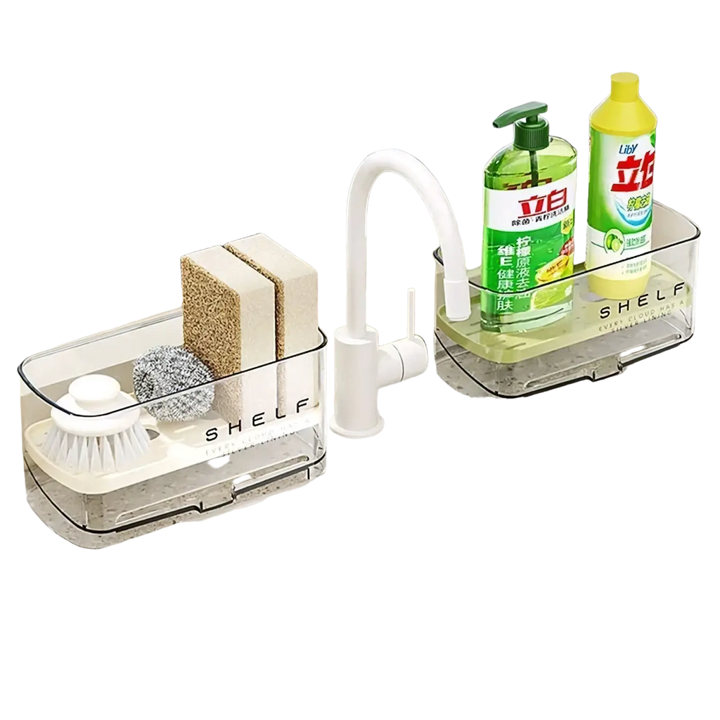 Clear plastic kitchen sink organizer with white base and shelf label holding sponges brush and cleaning supplies