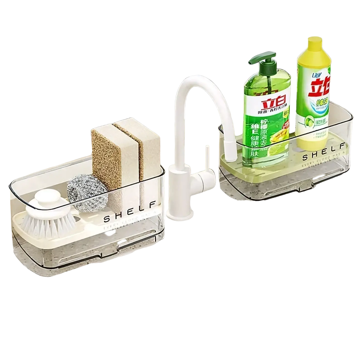 Clear plastic kitchen sink organizer with white base and shelf label holding sponges brush and cleaning supplies