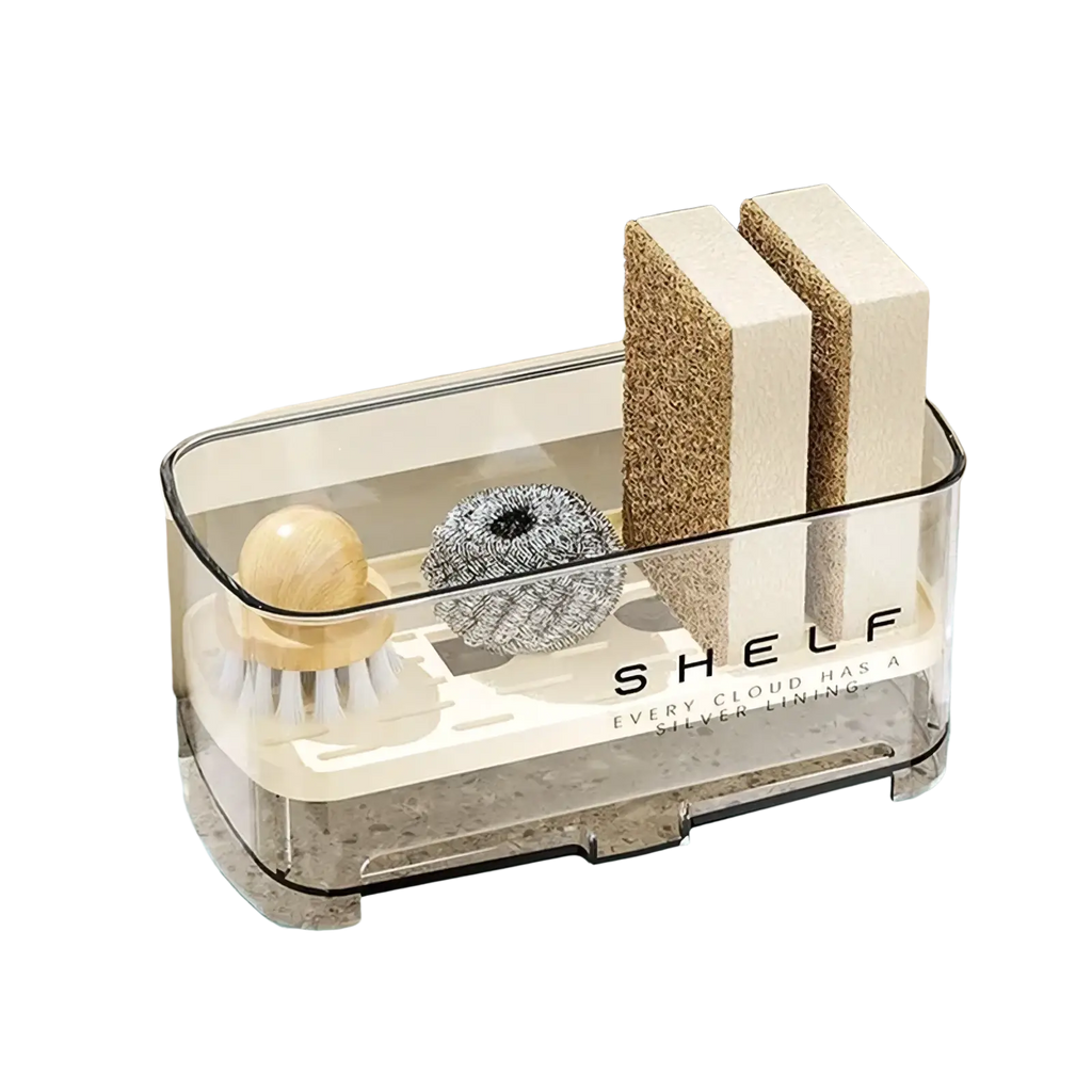 Clear plastic kitchen sink organizer and drain rack with a white interior shelf labeled shelf for dish drying