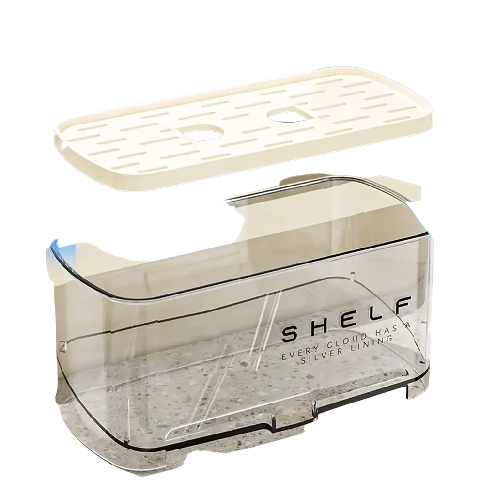 Clear plastic kitchen sink organizer and drain rack with cream slotted lid and black text shelf every cloud has a silver lining