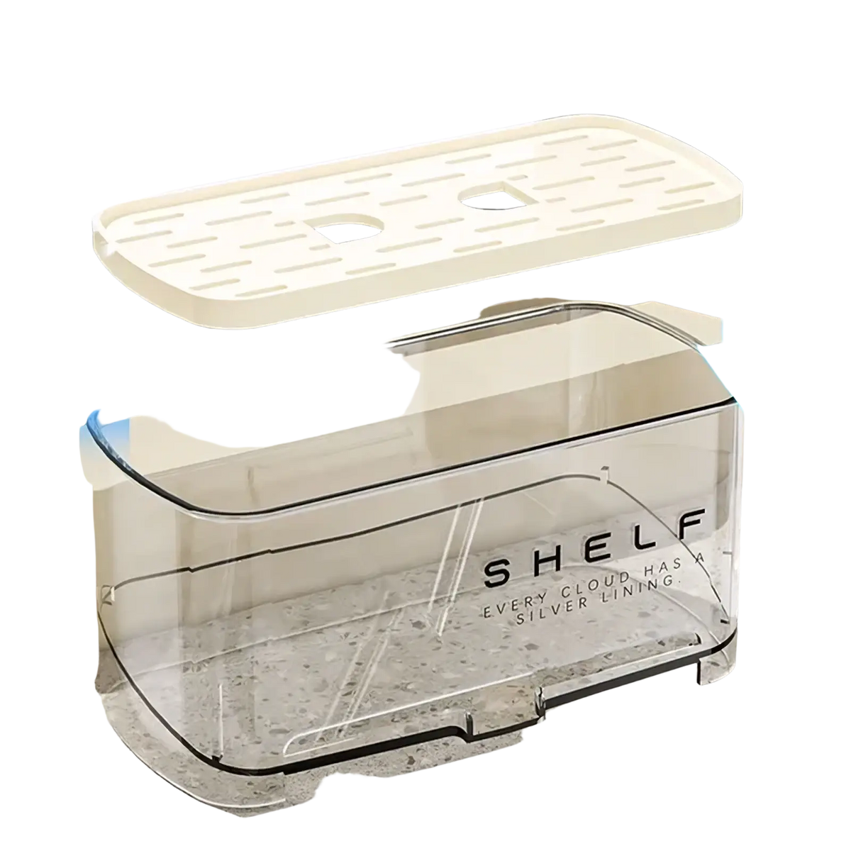 Clear plastic kitchen sink organizer and drain rack with cream slotted lid and black text shelf every cloud has a silver lining