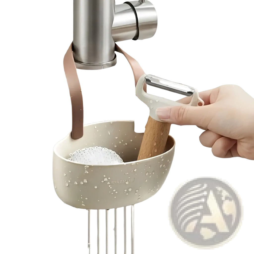 Beige plastic kitchen sink organizer hanging sponge caddy with soft pink strap holding a sponge and peeler