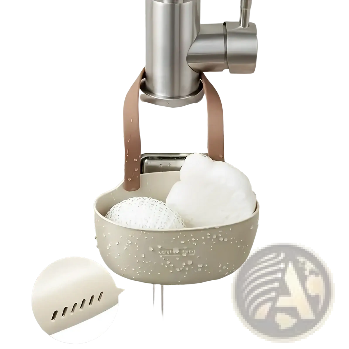 Beige silicone kitchen sink organizer with brown leather straps and slotted bottom for hanging sponge storage