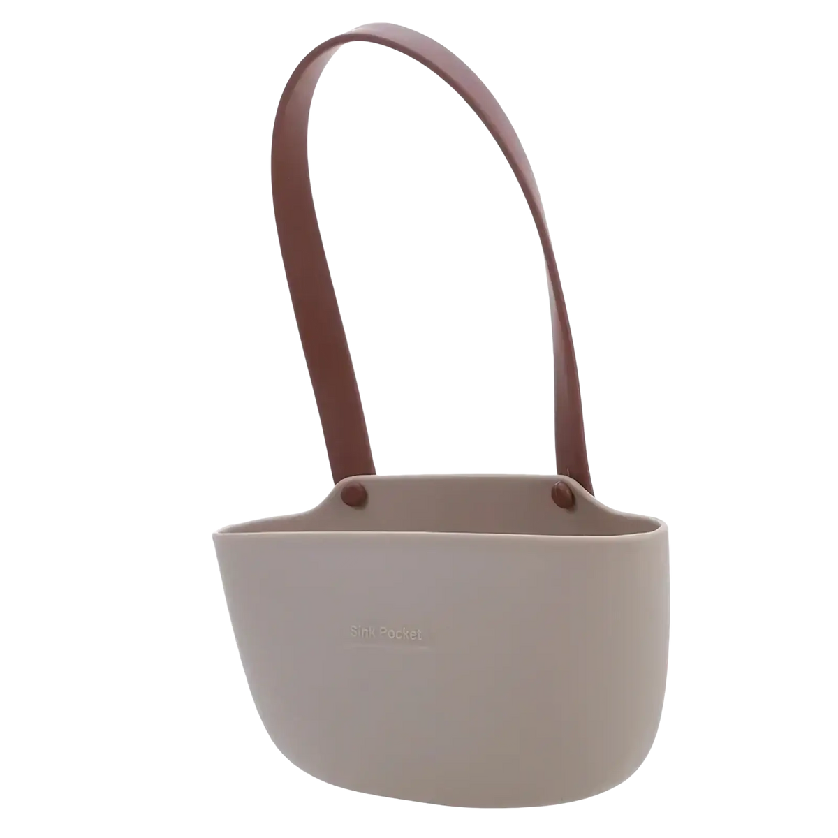 Beige silicone kitchen sink organizer bucket with brown leather handle and shin pocket branding hanging sponge caddy