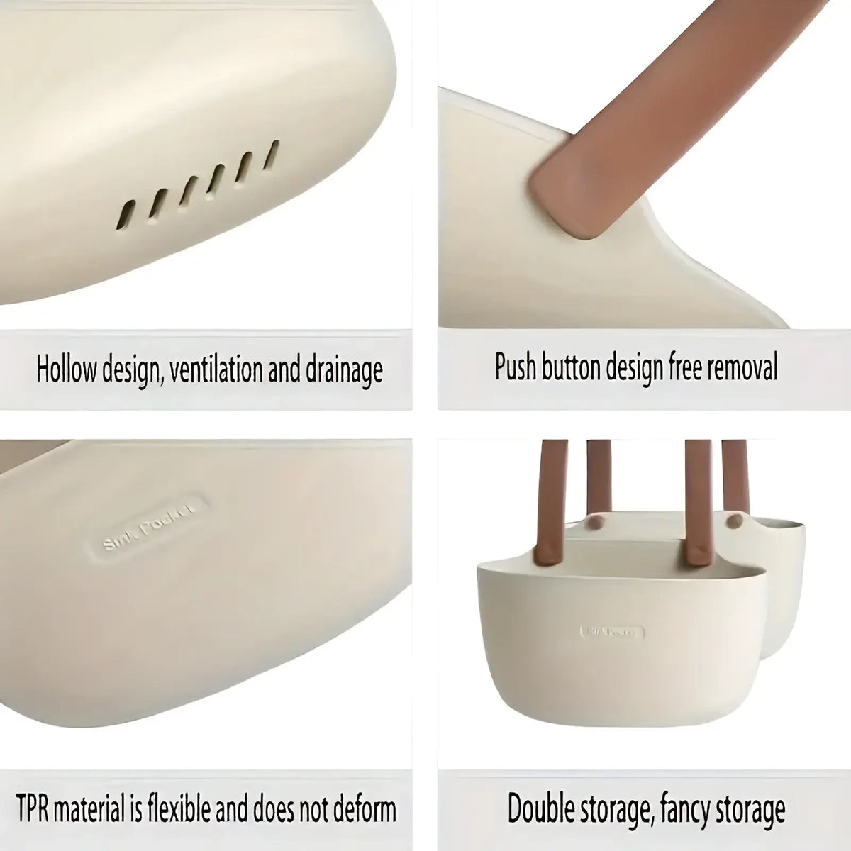 Cream-colored flexible tpr kitchen sink organizer hanging sponge caddy with push-button design and dual compartments