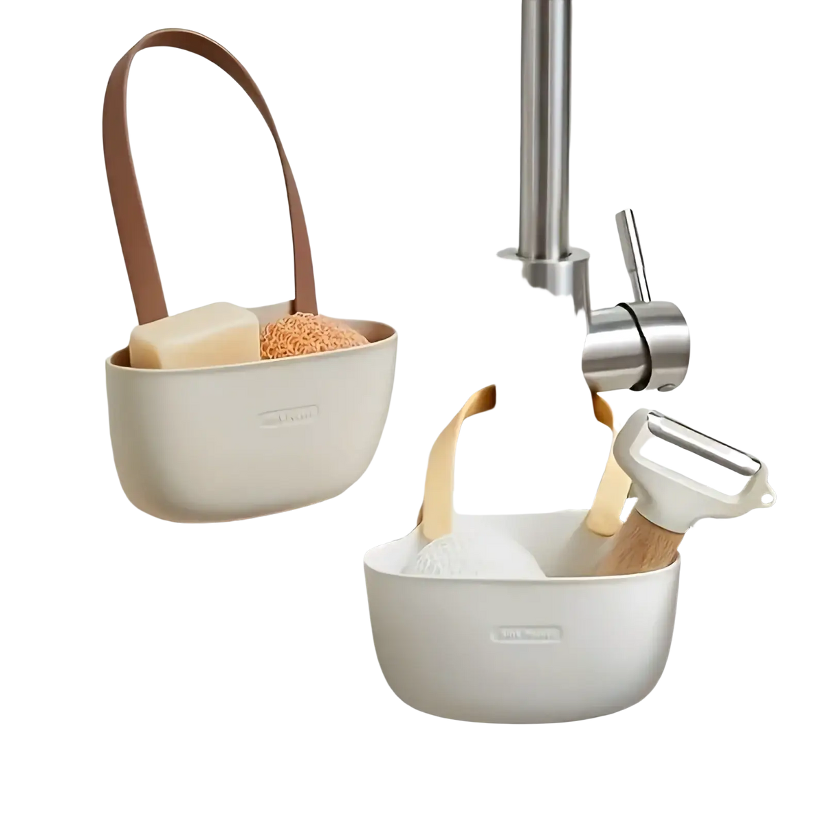 Cream-colored plastic kitchen sink organizer hanging sponge caddy with tan leather handle holding soap and scrubber