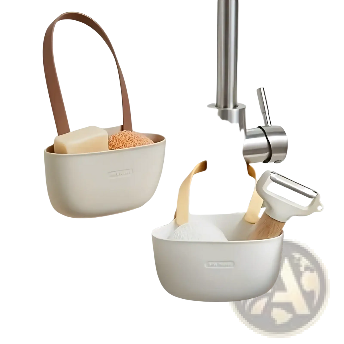 Cream-colored plastic kitchen sink organizer hanging sponge caddy with tan leather handle holding soap and scrubber