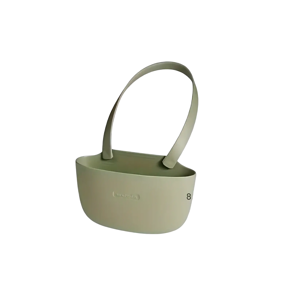 A sleek matte sage green silicone kitchen sink organizer hanging sponge caddy with minimalist design and integrated handle