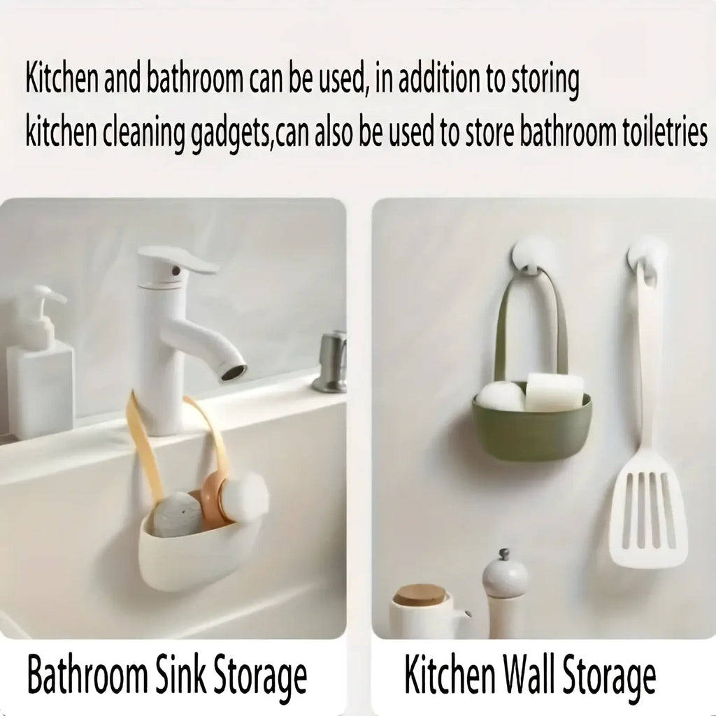White plastic kitchen sink organizer hanging sponge caddy with handle and hook for bathroom or kitchen use