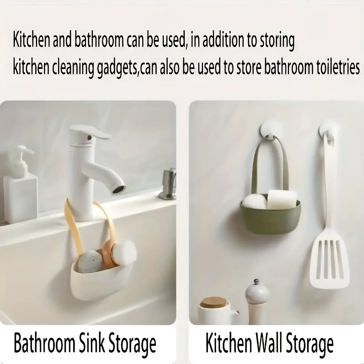 White plastic kitchen sink organizer hanging sponge caddy with handle and hook for bathroom or kitchen use