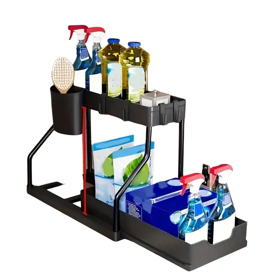 Black two-tier kitchen sink pull-out organizer with cylindrical cup holder and adjustable shelf supports