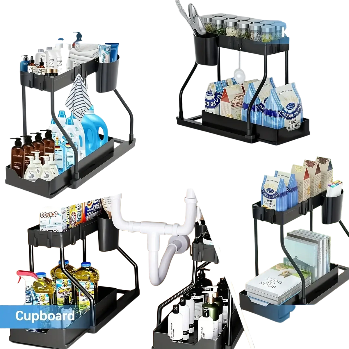 Black two-tiered kitchen sink pull-out organizer storage rack with curved metal frame and plastic trays