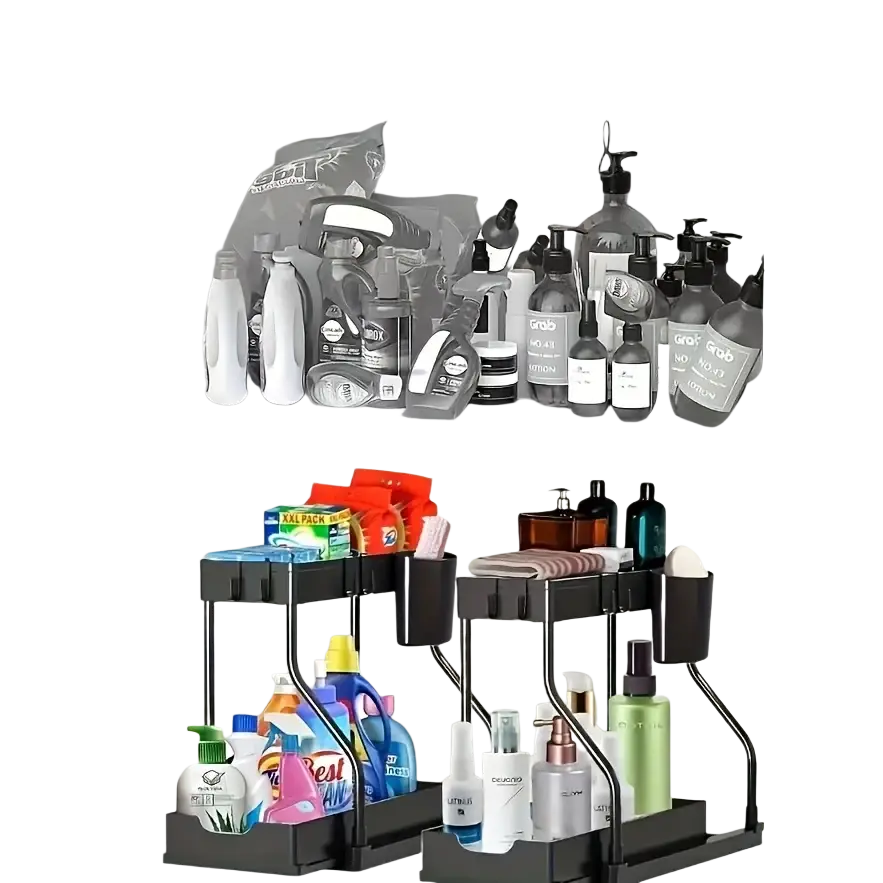Black two-tiered adjustable metal shelf organizer with pull-out design for kitchen sink storage and easy access