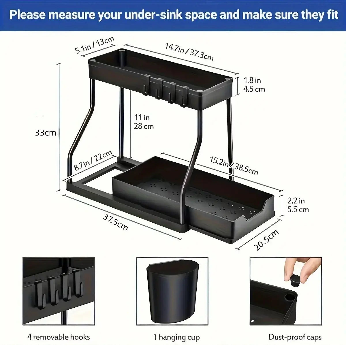 Black two-tier kitchen sink pull-out organizer with hanging cup and removable hooks for under-sink storage