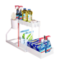 White plastic two-tier kitchen sink organizer with pull-out design and drawer for efficient storage and accessibility
