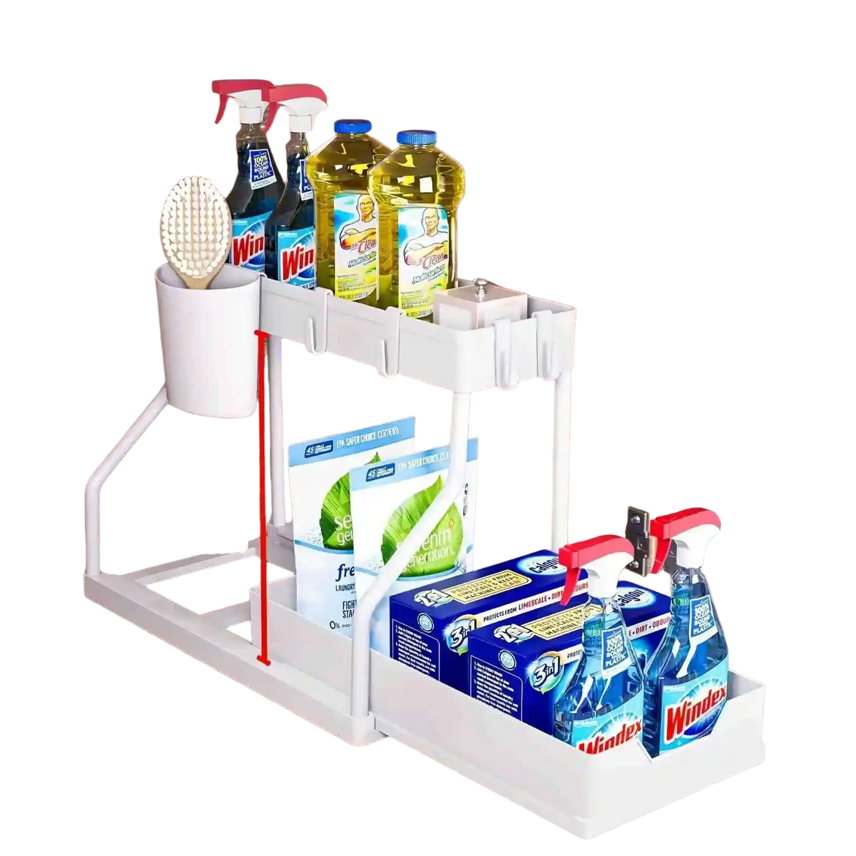 White plastic two-tier kitchen sink organizer with pull-out design and drawer for efficient storage and accessibility