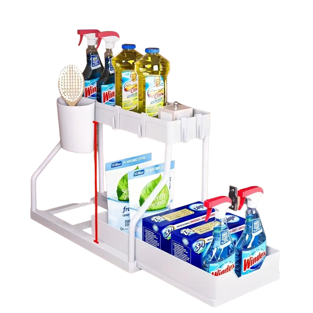 White plastic two-tier kitchen sink organizer with pull-out design drawer and side cup holder for storage rack