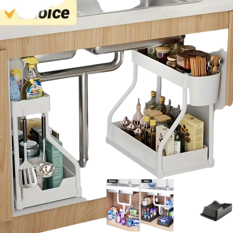 White plastic kitchen sink pull-out organizer with two tiers and integrated storage compartments for under-sink use