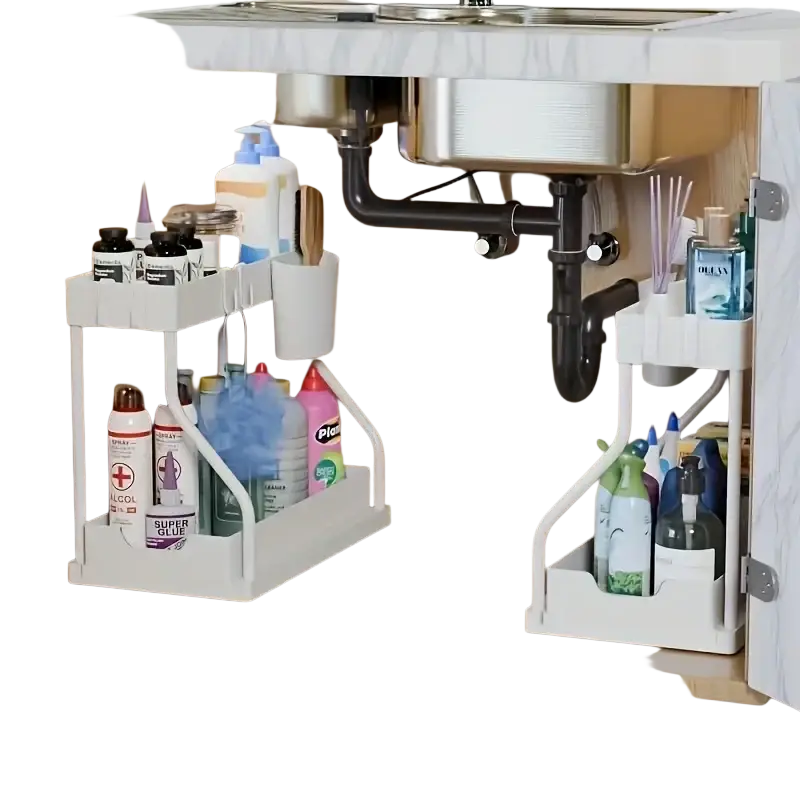 White two-tier kitchen sink pull-out organizer with curved handles and integrated hooks for storage rack