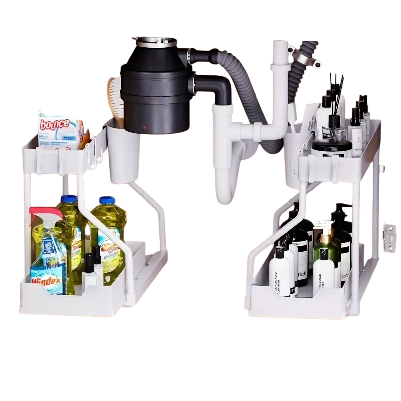 White two-tier under-sink organizer with adjustable shelves and hooks in a kitchen sink pull-out design storage rack