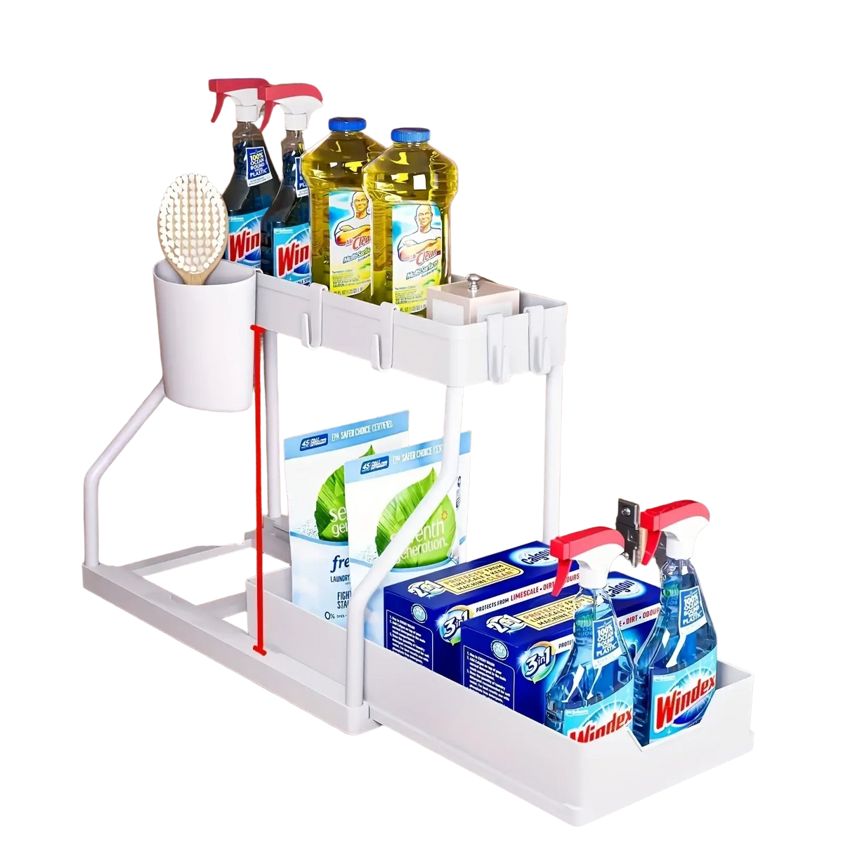 White two-tiered kitchen sink pull-out organizer storage rack with drawer and side cup holder for countertop use