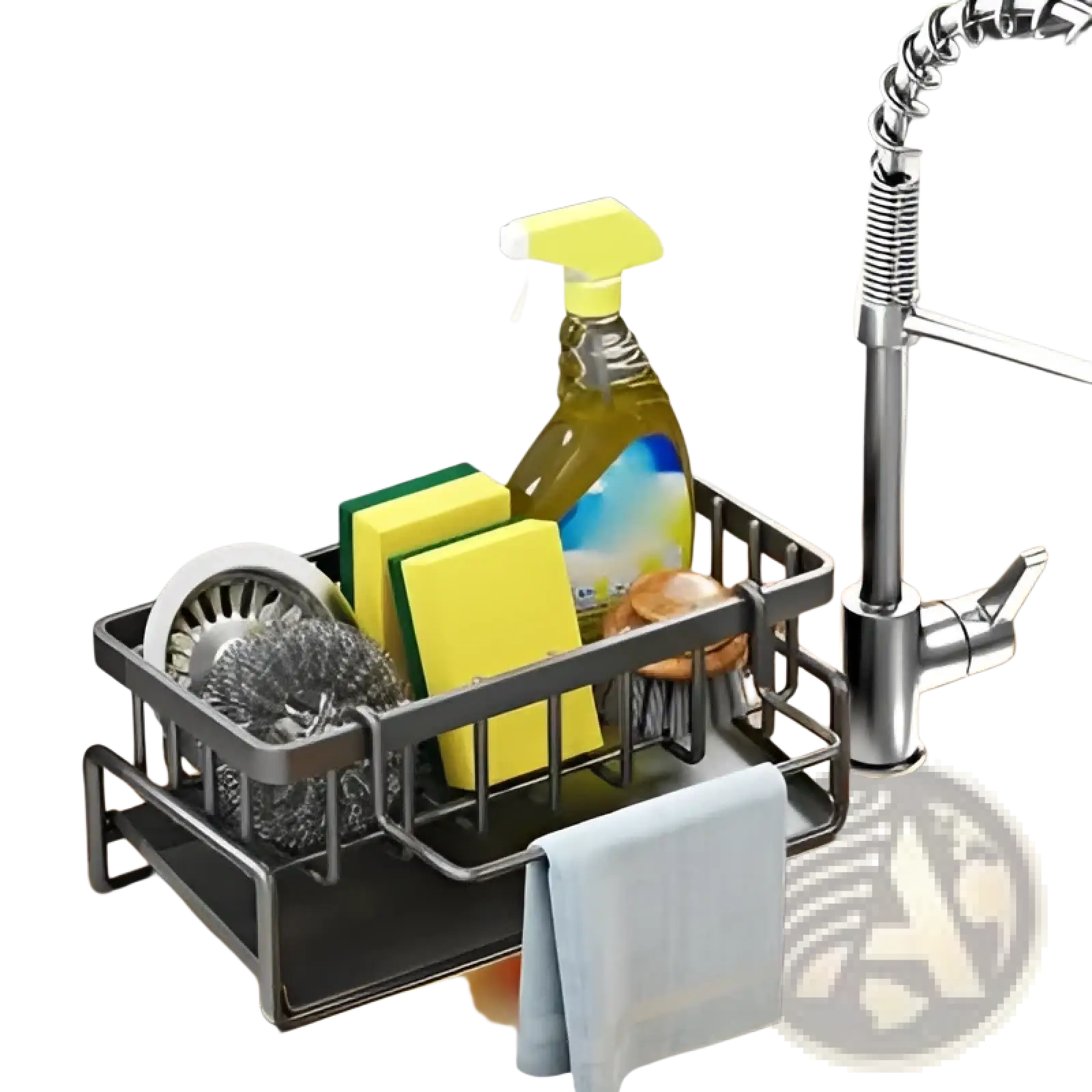 Black metal kitchen sink storage rack made of stainless steel with multiple compartments holding sponges and cleaning tools