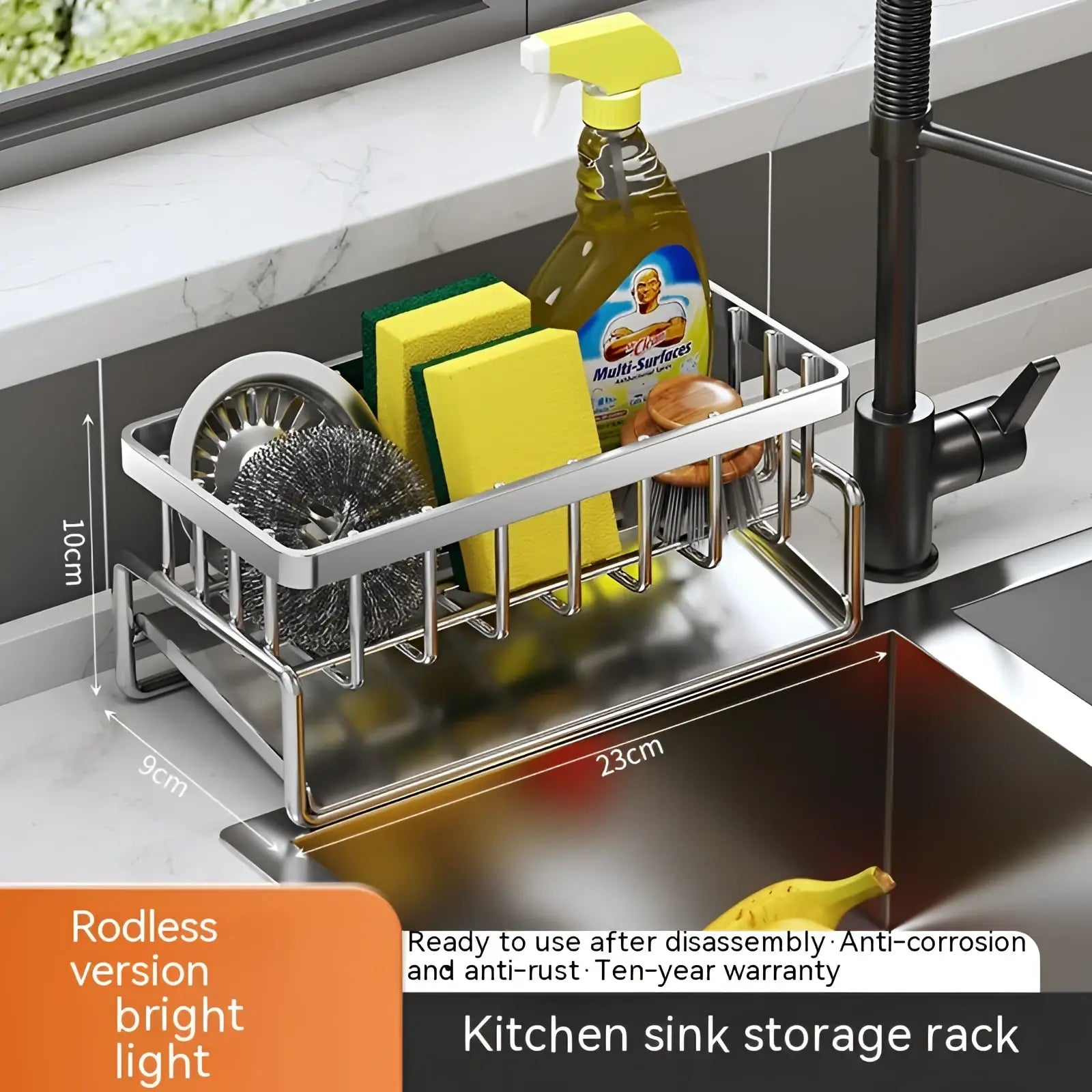 Silver stainless steel kitchen sink storage rack with sleek modern design and multiple compartments for cleaning supplies