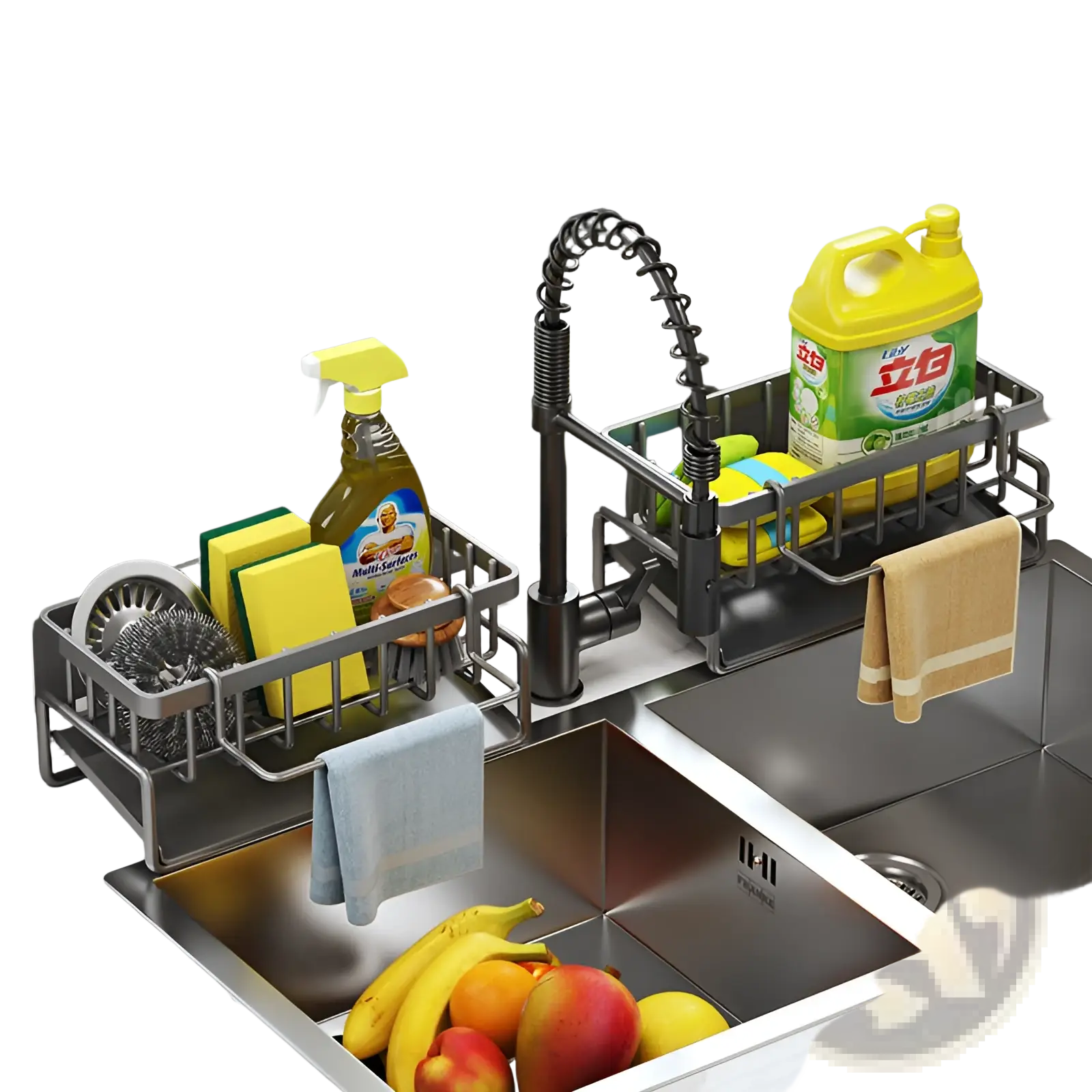 Black metal kitchen sink storage rack stainless steel organizer with flexible hose and two compartments holding supplies
