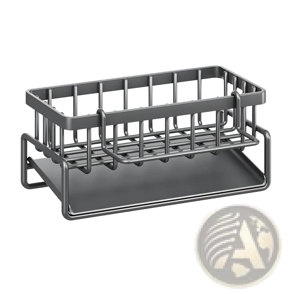 Gray metal wire soap dish with flat base and vertical bars for kitchen sink storage stainless steel organizer