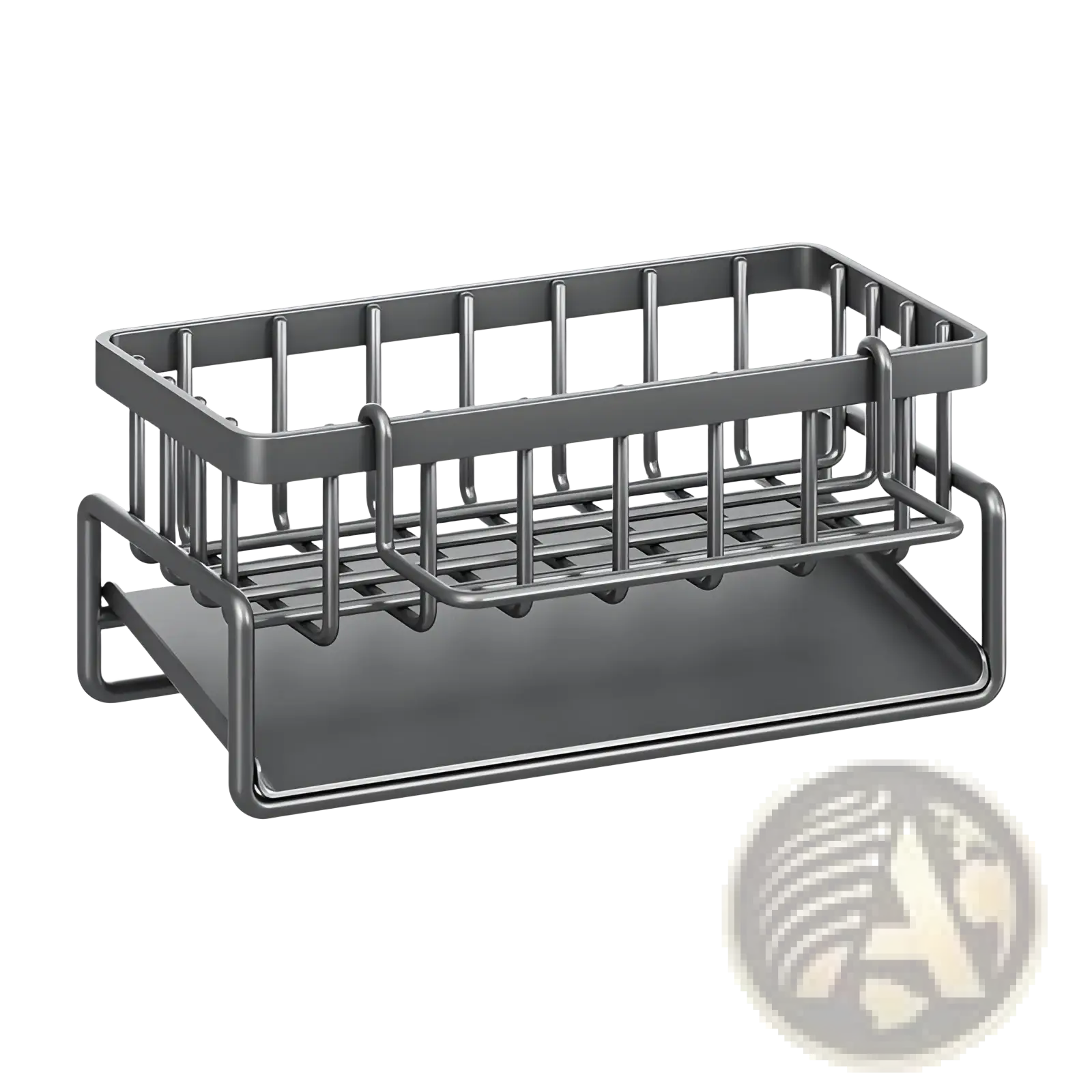 Gray metal wire soap dish with flat base and vertical bars for kitchen sink storage stainless steel organizer