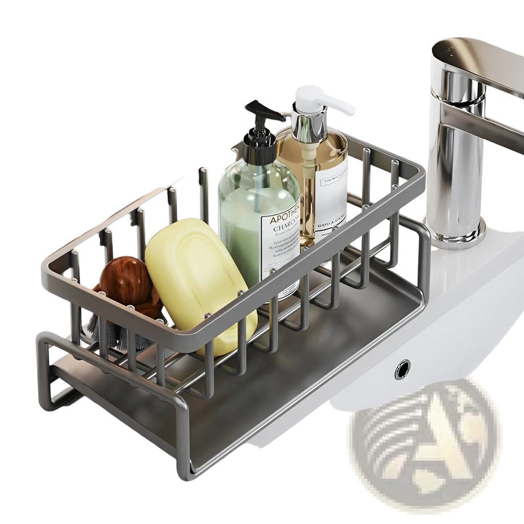 Gray stainless steel kitchen sink storage rack with grid design holding bars of soap and pump bottles