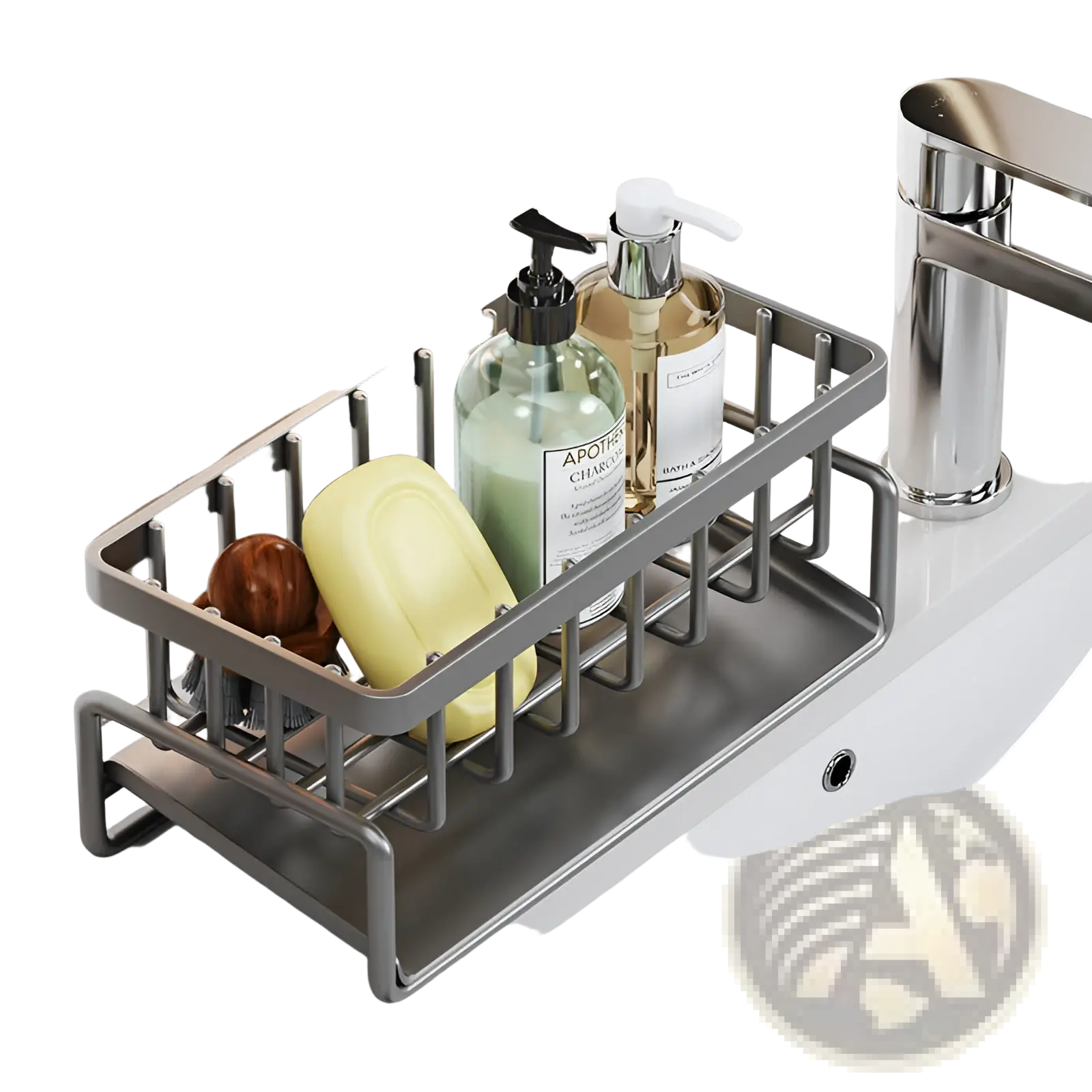 Gray stainless steel kitchen sink storage rack with grid design holding bars of soap and pump bottles