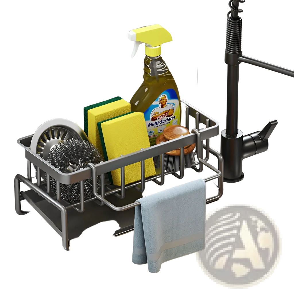 Silver stainless steel kitchen sink storage rack with multiple compartments holding cleaning supplies and hanging towel