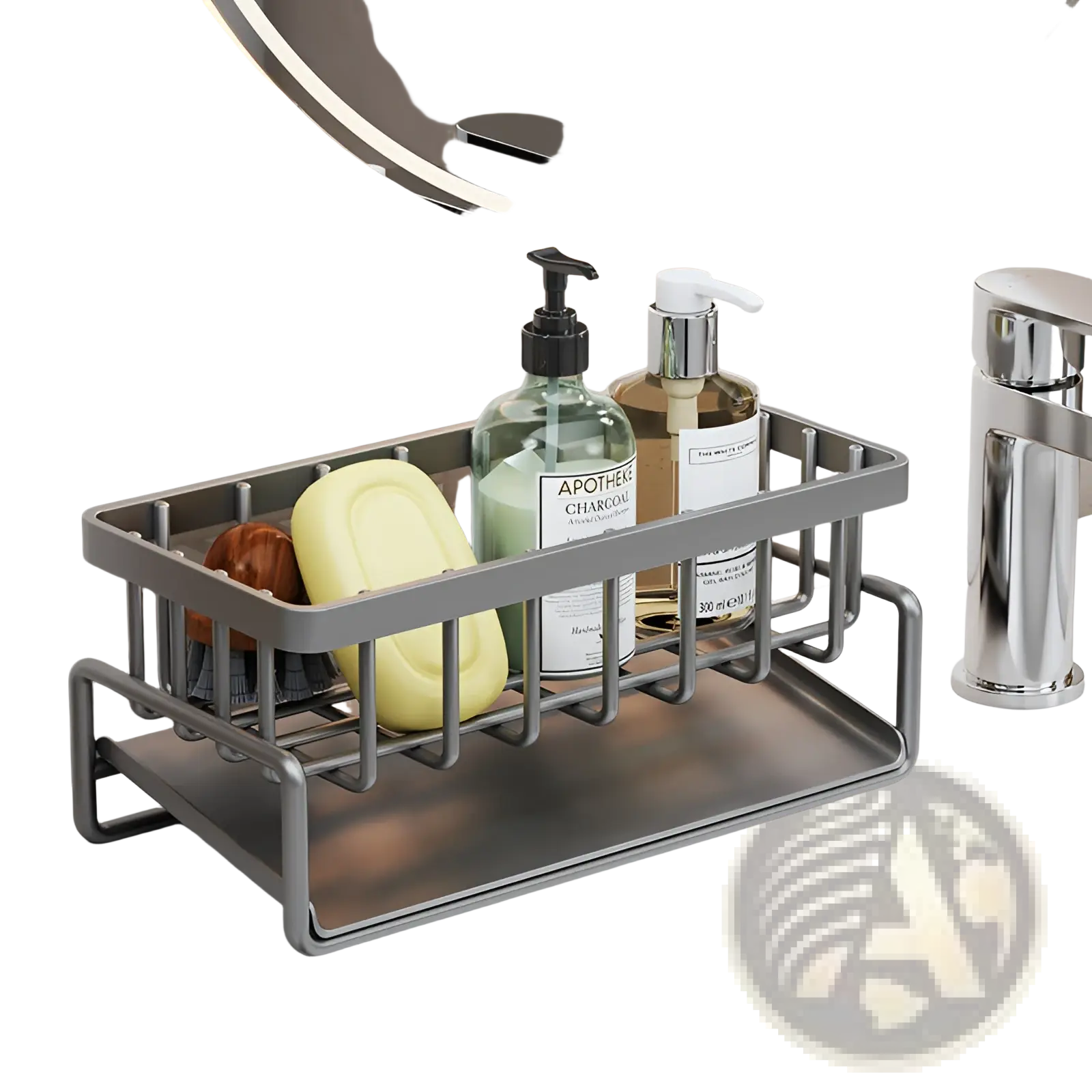 Silver metal kitchen sink storage rack stainless steel organizer with wire mesh holding soap bars and lotion pumps