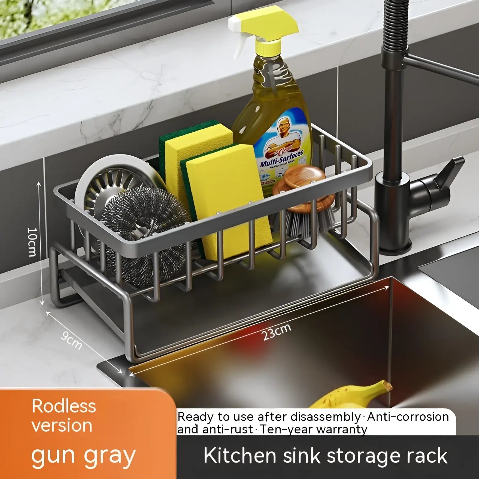 Gun gray rodless stainless steel kitchen sink storage rack organizer designed for efficient kitchen storage use