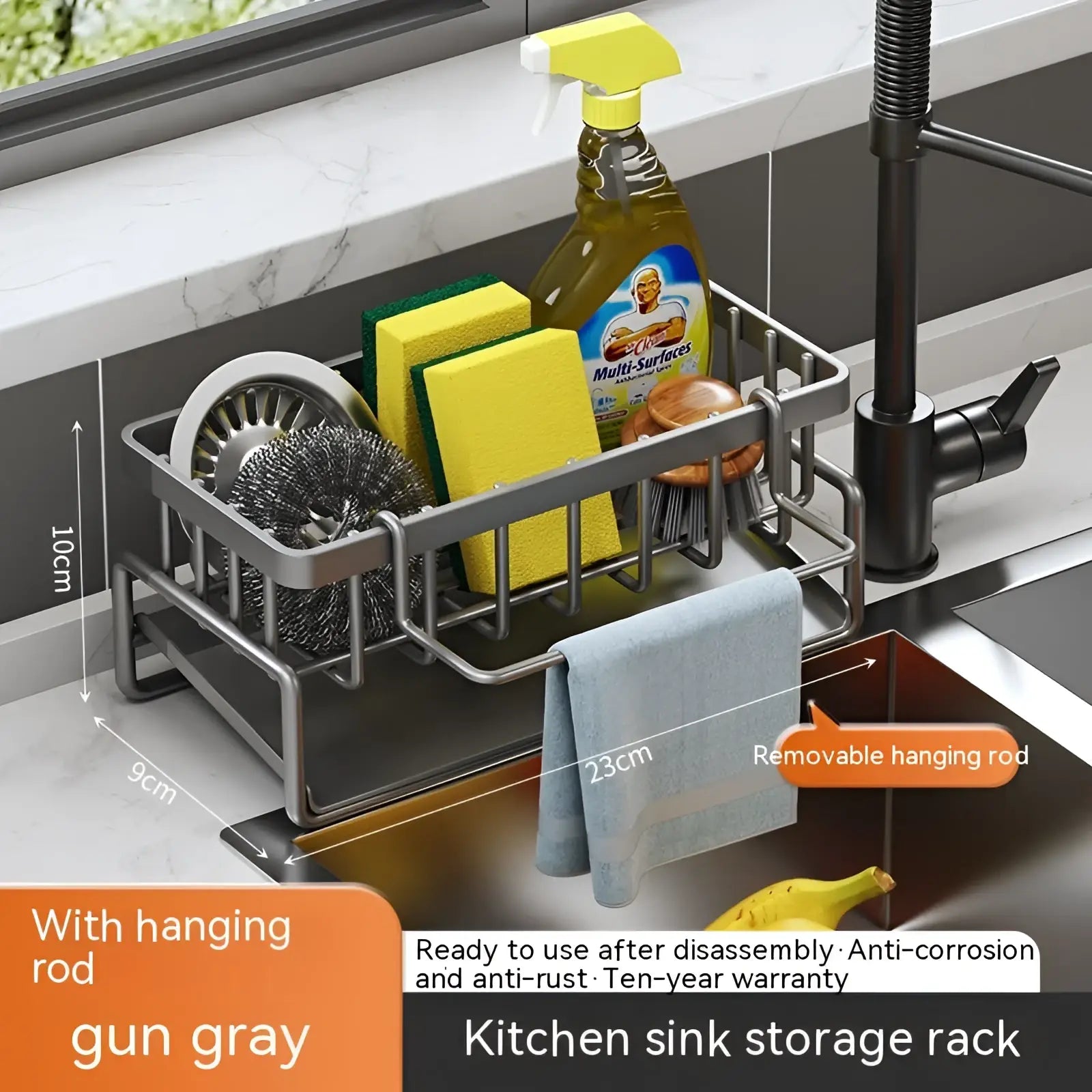 Gun gray metal kitchen sink storage rack stainless steel organizer with removable hanging rod and measuring dimensions visible