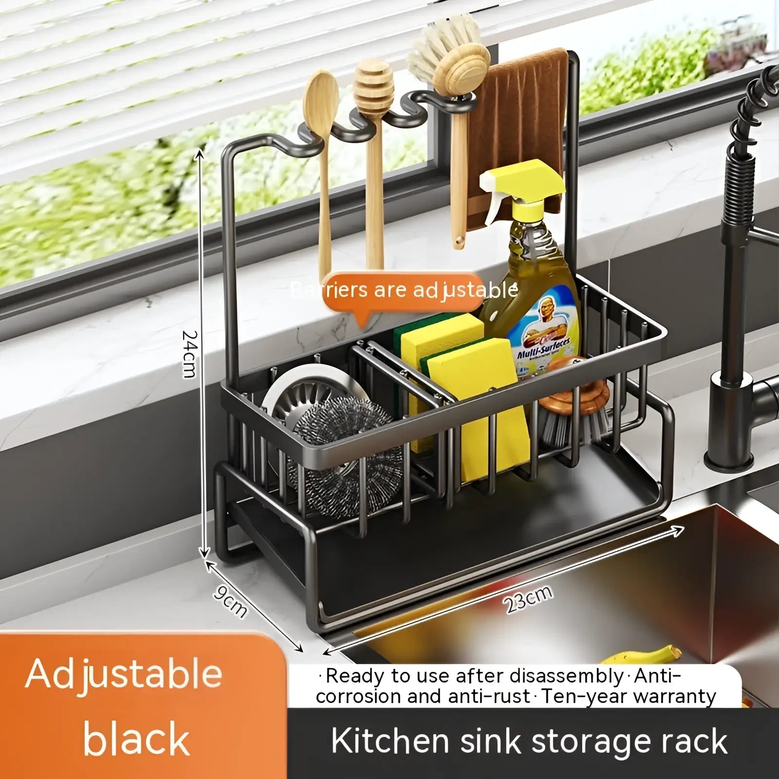 Adjustable black metal kitchen sink storage rack with multiple compartments and hooks for utensils and cleaning tools