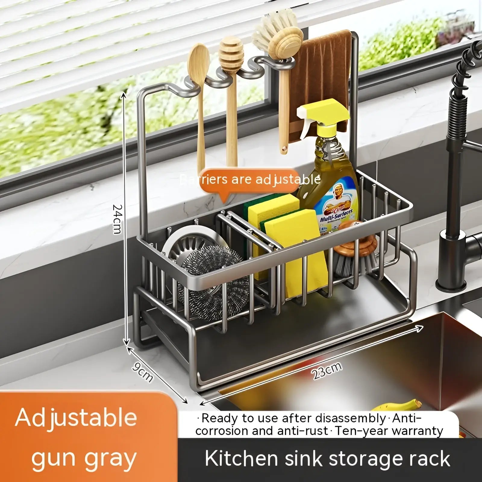 Gun gray stainless steel kitchen sink storage rack with adjustable arms and compartments for organizing utensils and supplies