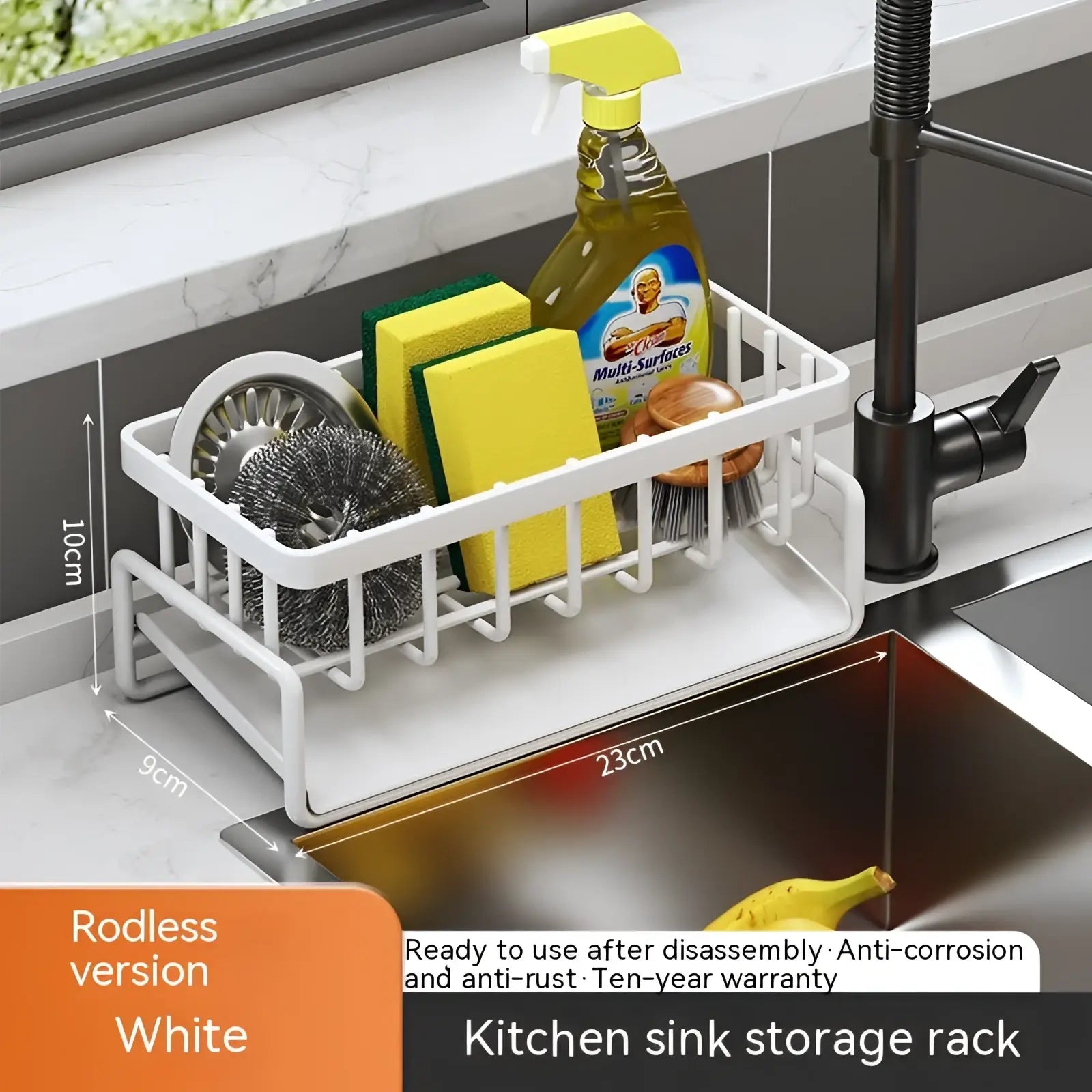 White rodless kitchen sink storage rack stainless steel organizer with sleek minimalist design and anti-corrosion finish