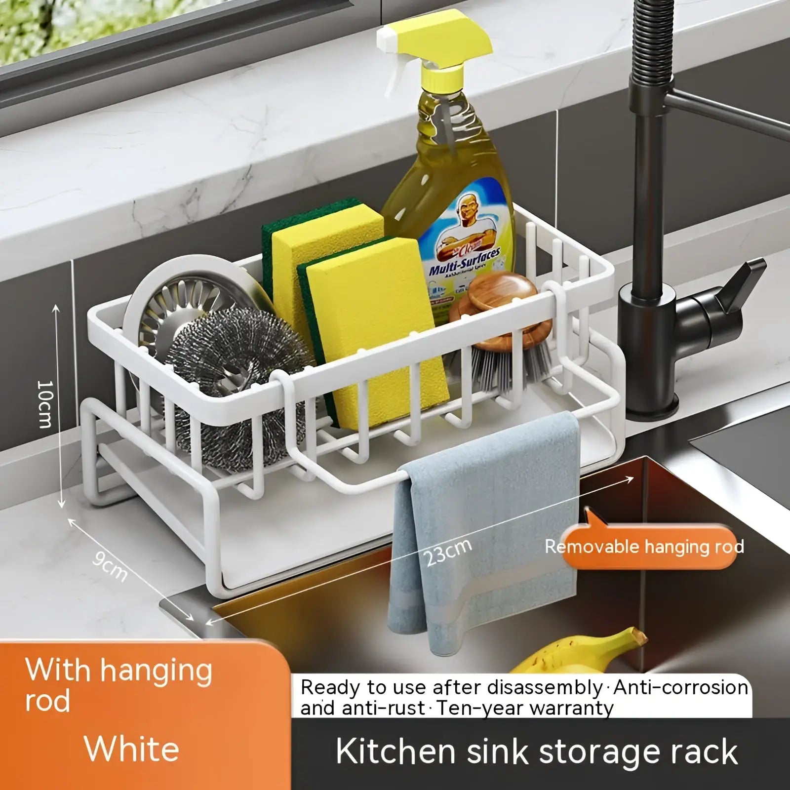 White plastic kitchen sink storage rack with removable hanging rod and multiple compartments for cleaning supplies organization