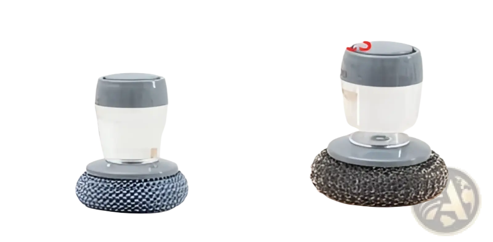 Gray and clear plastic kitchen soap dispensing palm brush and scrubber set with a textured wire-bristled base