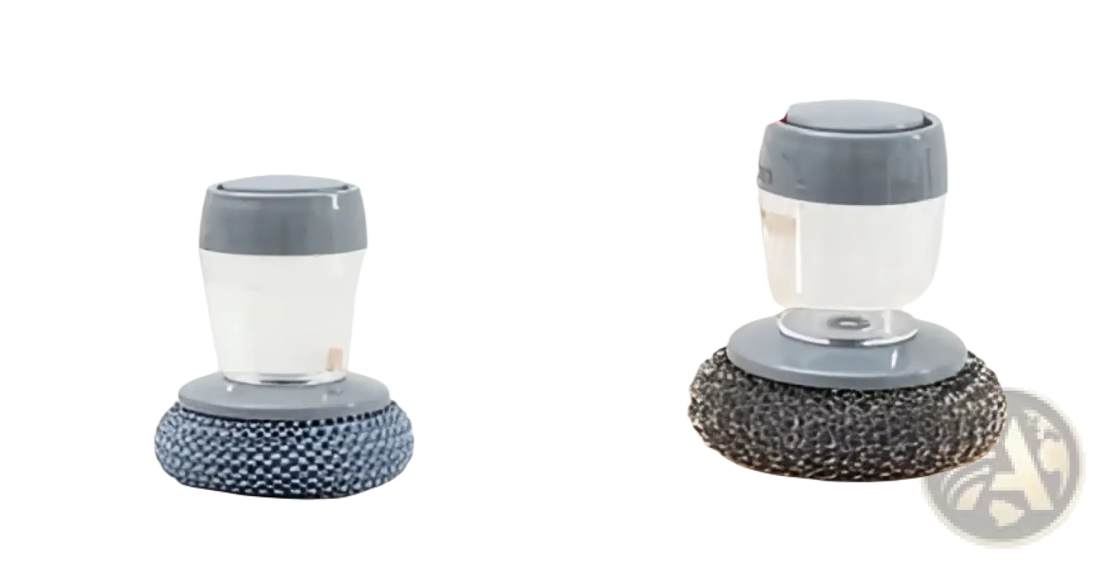 Gray plastic and metal dish scrubber with textured wire-bristled head from kitchen soap dispensing palm brush and scrubber set