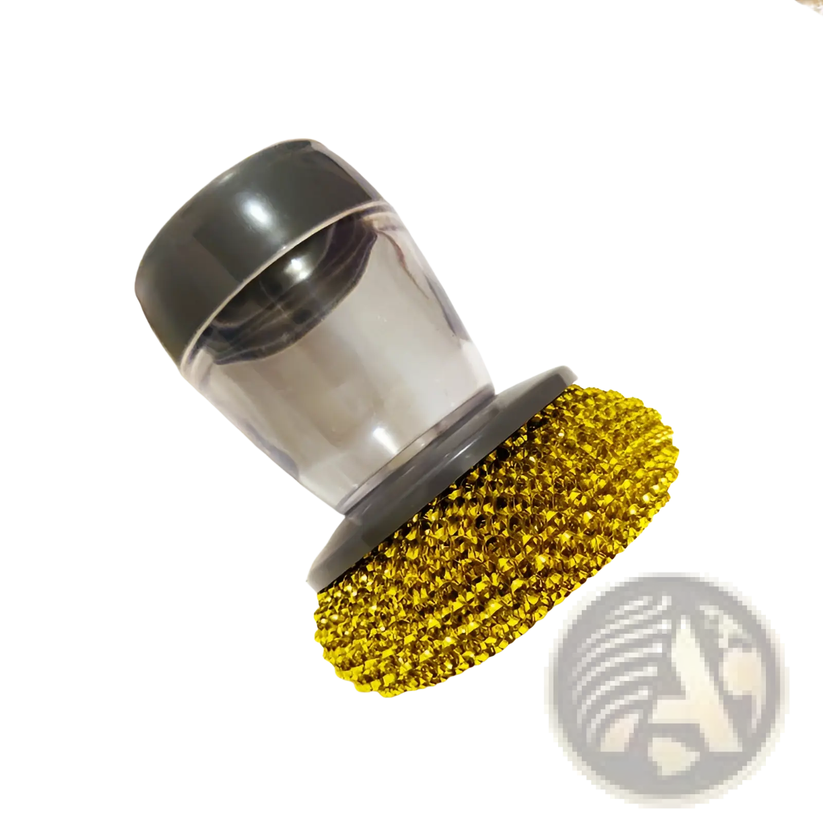 Golden bristled kitchen soap dispensing palm brush with transparent plastic body and black caps for scrubbing