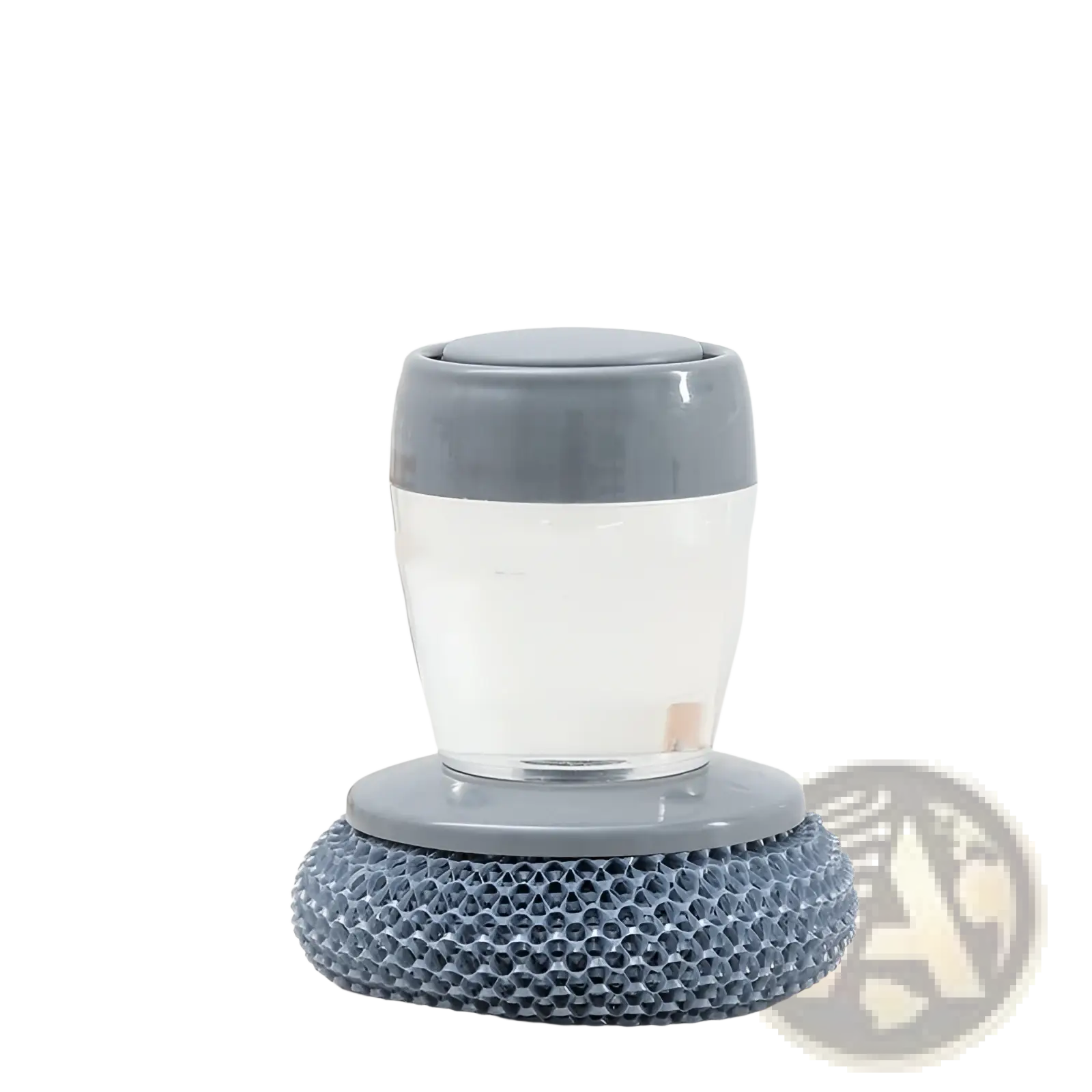 Gray silicone kitchen soap dispensing palm brush and scrubber set with clear plastic container and gray lid for cleaning
