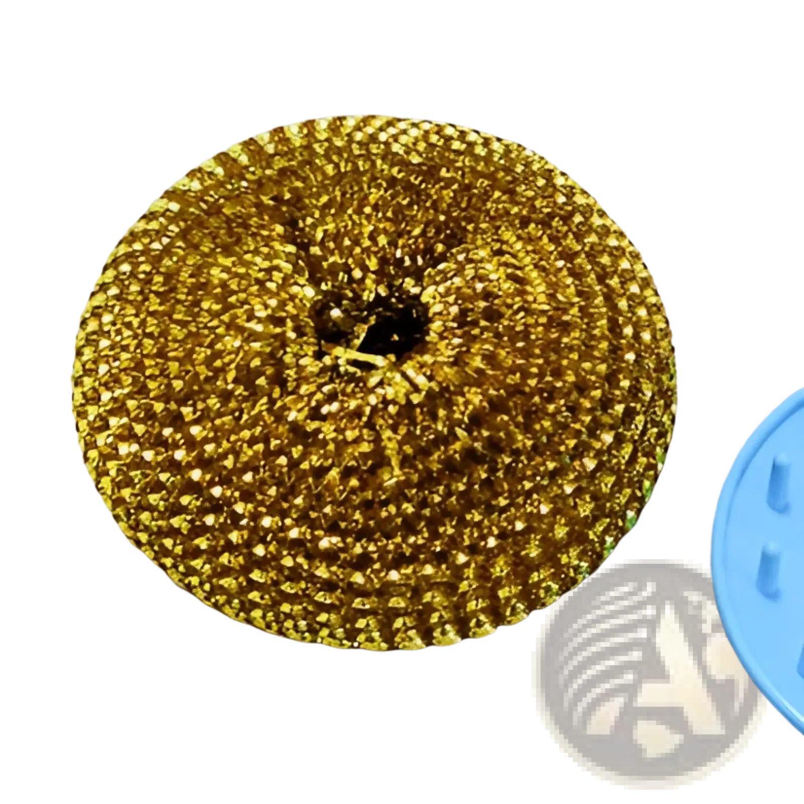 Golden circular steel wool scrubber with dense texture and central hole in kitchen soap dispensing palm brush and scrubber set