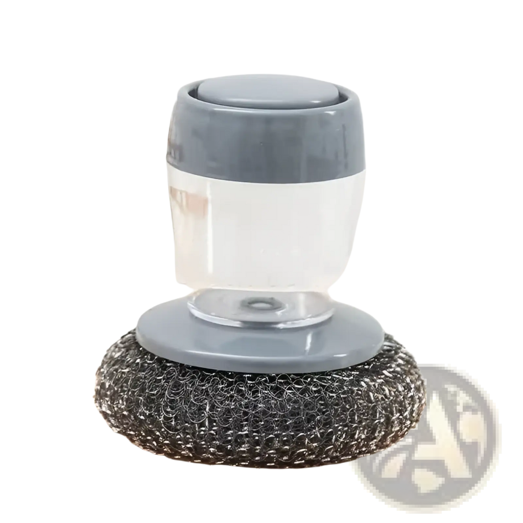Gray plastic and stainless steel kitchen soap dispensing palm brush and scrubber set with clear water reservoir