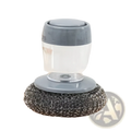 Gray plastic and stainless steel kitchen soap dispensing palm brush and scrubber set with clear water reservoir