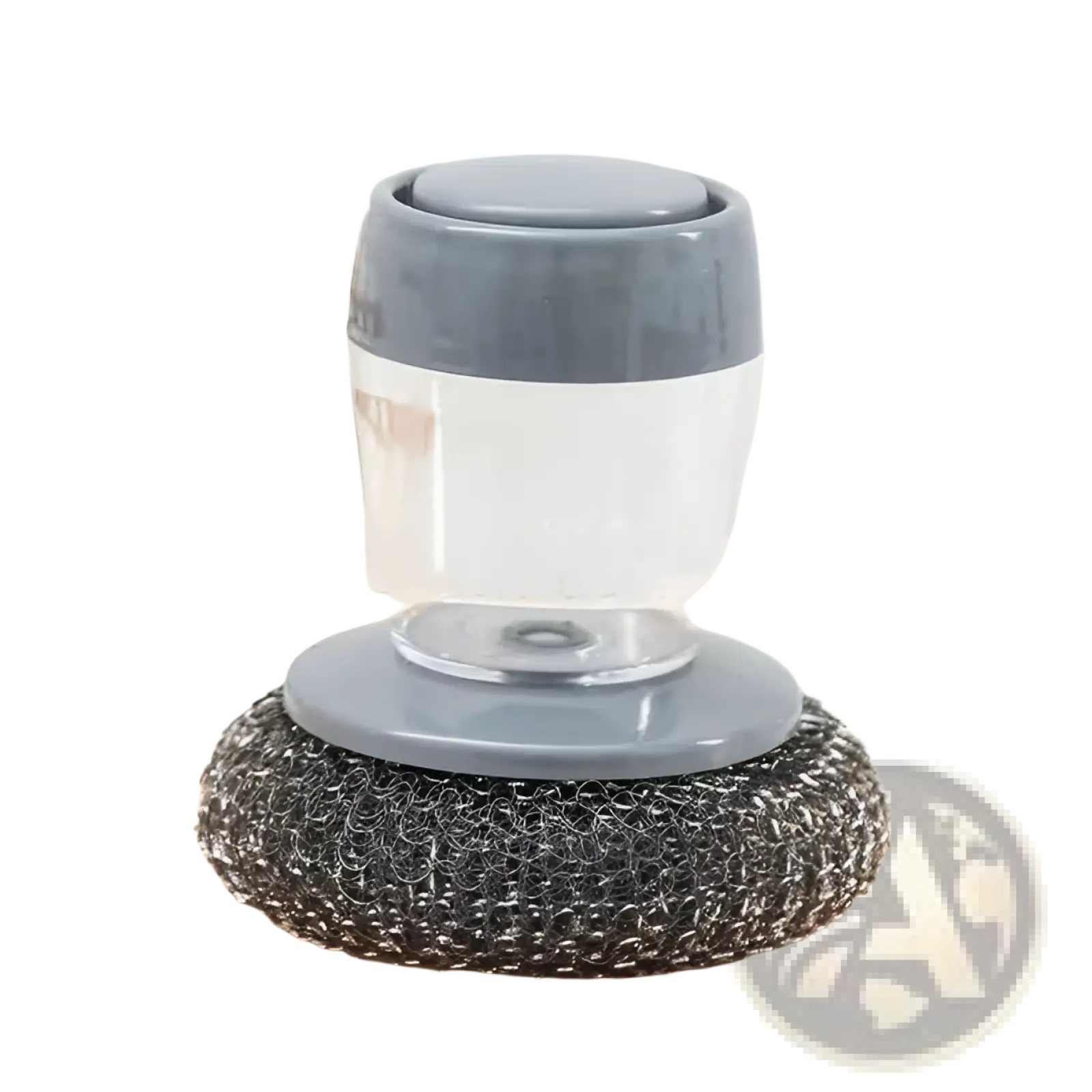 Gray plastic and stainless steel kitchen soap dispensing palm brush and scrubber set with clear water reservoir