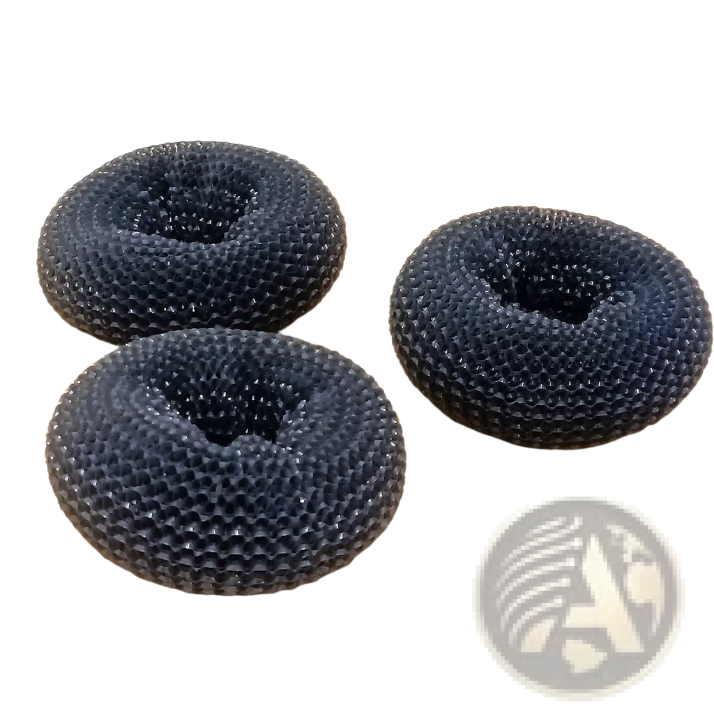 Three dark gray textured donut-shaped kitchen soap dispensing palm brushes with bumpy honeycomb surface for scrubbing