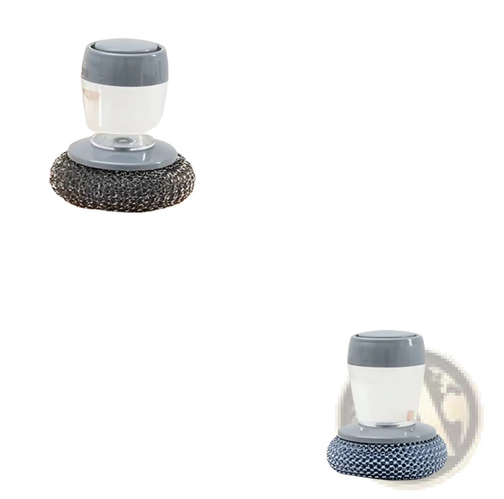 Gray plastic-capped transparent body kitchen soap dispensing palm brush with textured metal bristle head for dishwashing